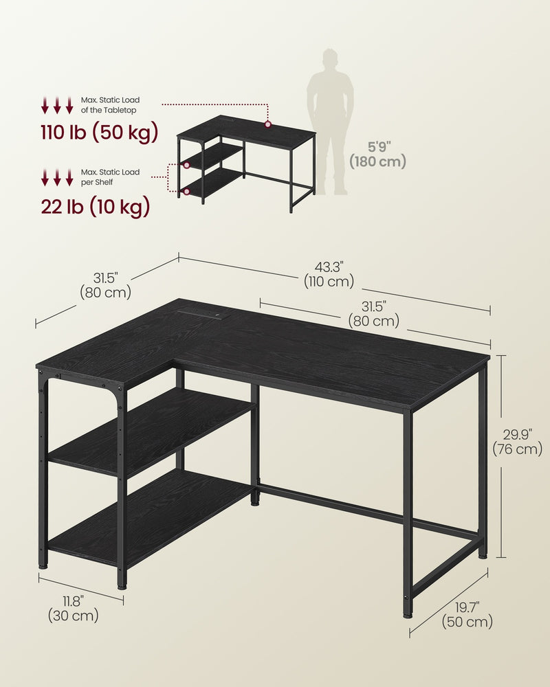 110x80cm Black L Shaped Corner Desk with Shelves, Power Outlets & USB Ports by Vasagle VASAGLE