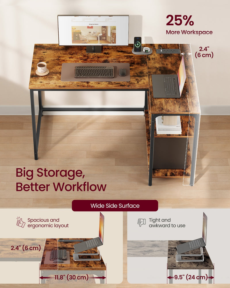 Rustic Brown L Shaped Corner Desk with Outlets and USB Ports by VASAGLE VASAGLE