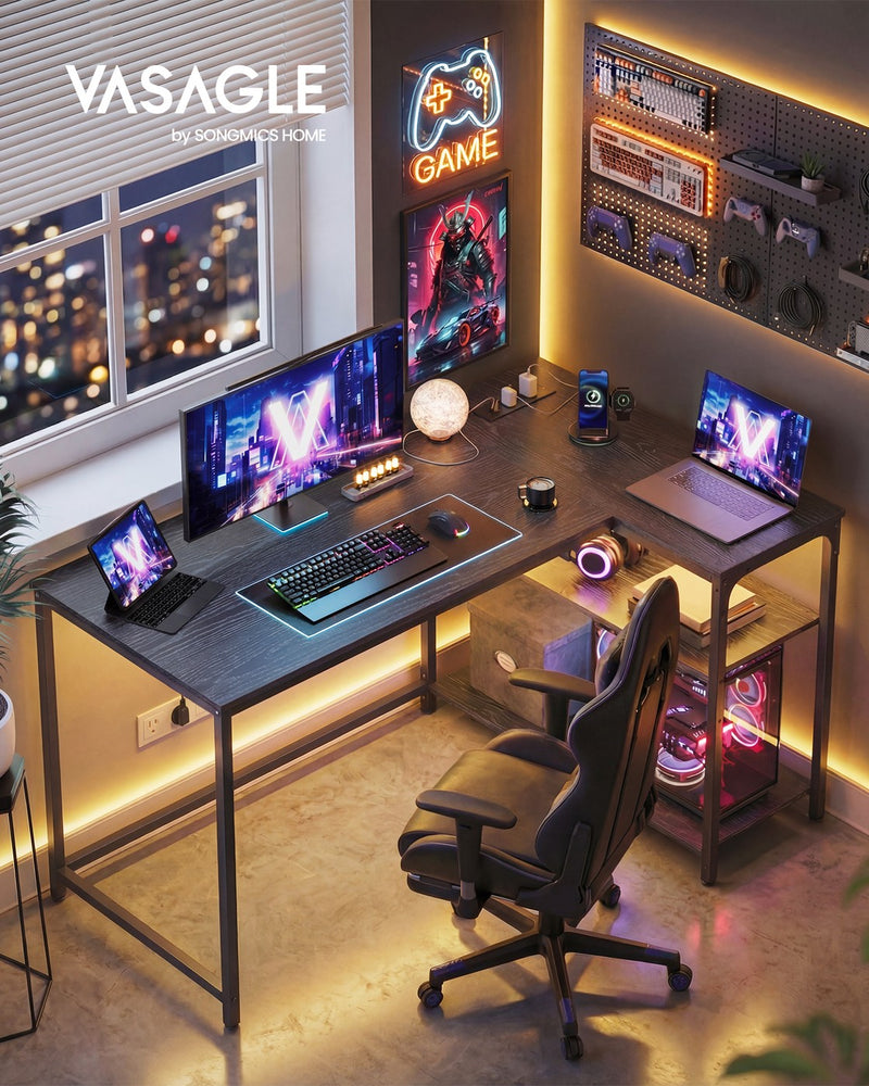 Ebony Black L Shaped Corner Desk with Power Outlets and USB Ports by VASAGLE VASAGLE