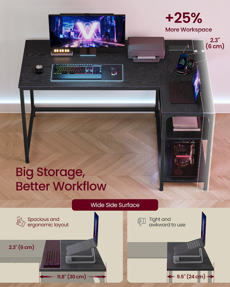 Ebony Black L Shaped Corner Desk with Power Outlets and USB Ports by VASAGLE VASAGLE