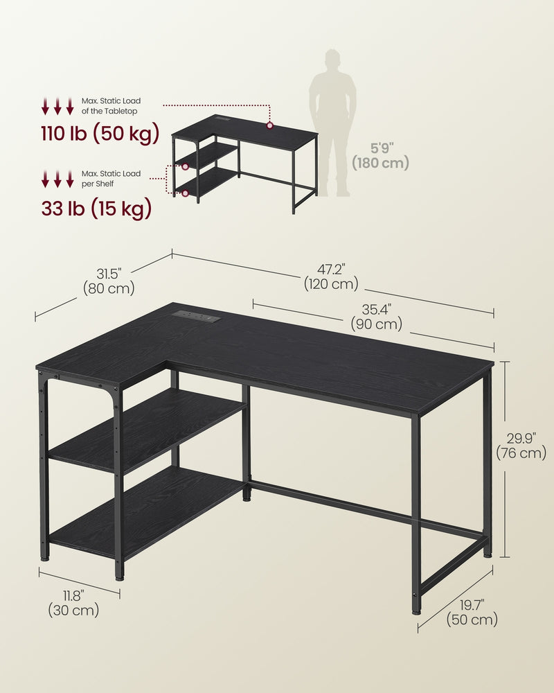 Ebony Black L Shaped Corner Desk with Power Outlets and USB Ports by VASAGLE VASAGLE