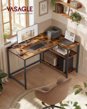 Reversible Rustic Brown L-Shaped Corner Desk with Adjustable Shelves by Vasagle VASAGLE