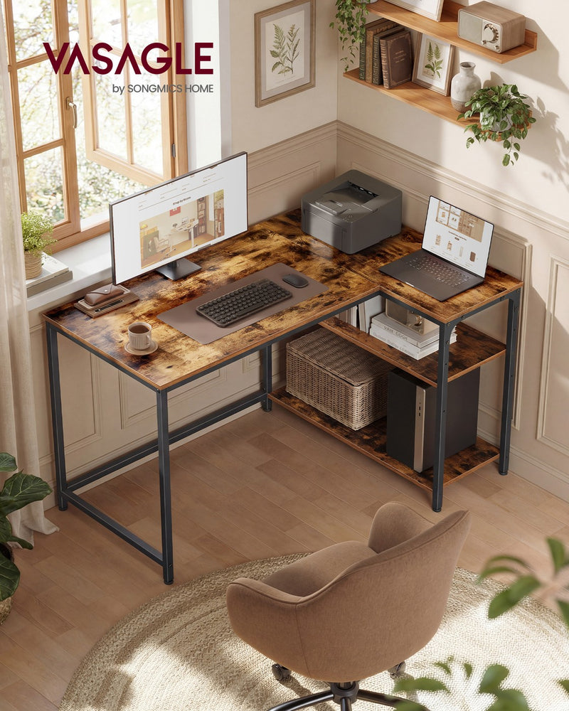 Reversible Rustic Brown L-Shaped Corner Desk with Adjustable Shelves by Vasagle VASAGLE