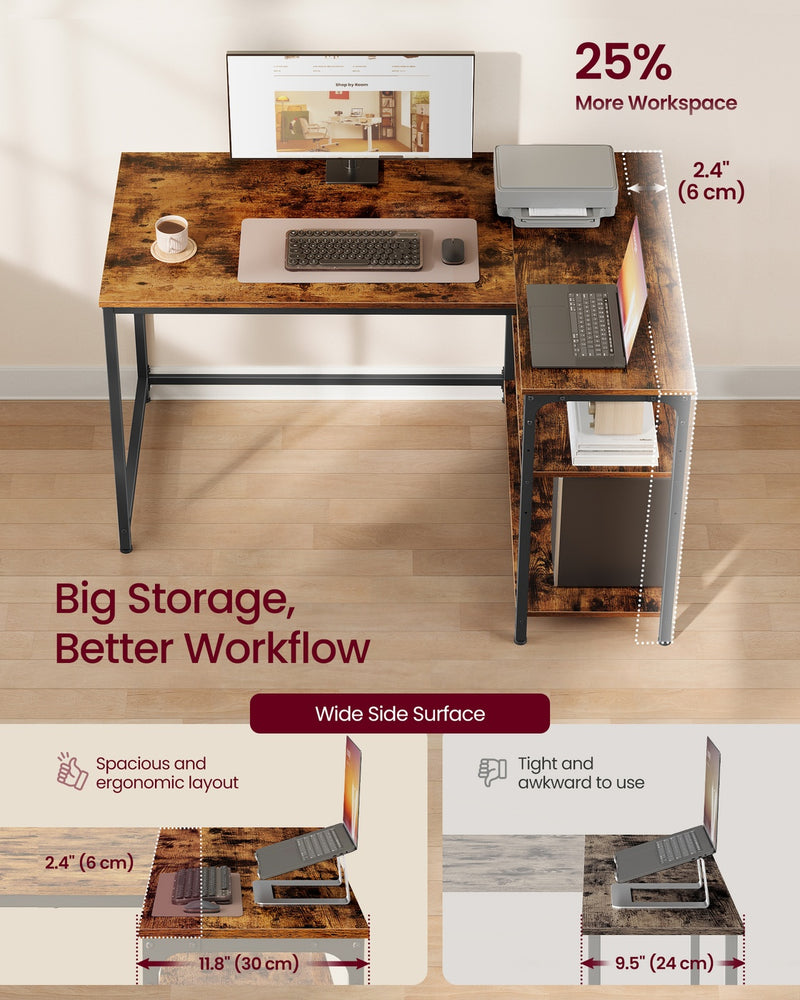 Reversible Rustic Brown L-Shaped Corner Desk with Adjustable Shelves by Vasagle VASAGLE