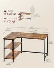 Reversible Rustic Brown L-Shaped Corner Desk with Adjustable Shelves by Vasagle VASAGLE