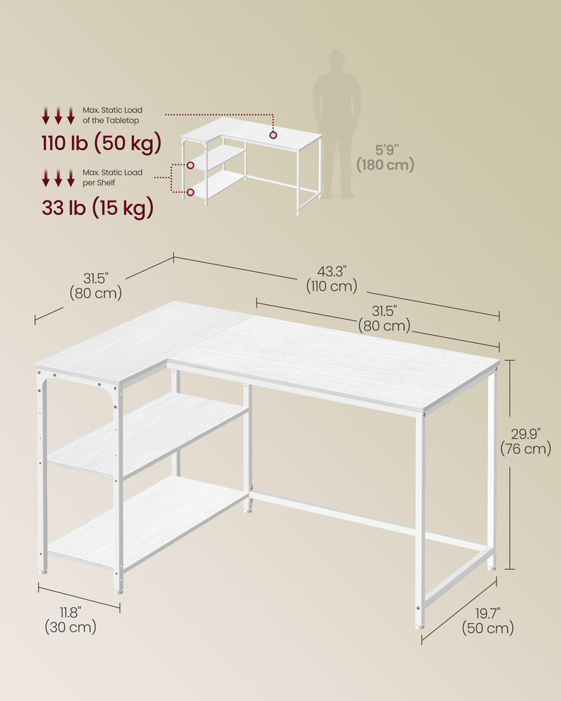 Reversible L Shaped Corner Desk with Adjustable Shelves Maple White by VASAGLE VASAGLE
