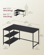 Ebony Black L Shaped Corner Desk with Adjustable Shelves 120 x 80 cm by Vasagle VASAGLE