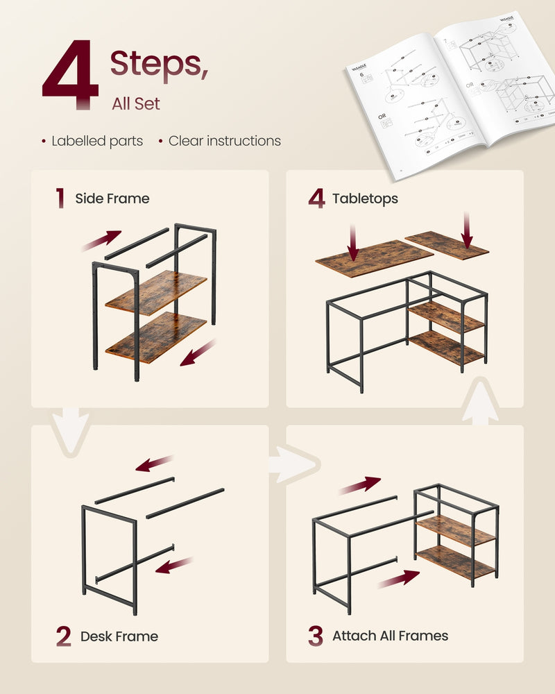 L Shaped Rustic Corner Desk with Adjustable Shelves 120 x 80 cm by Vasagle VASAGLE