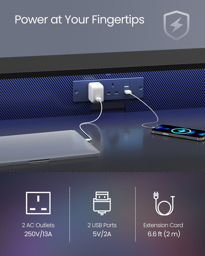Gaming Desk with LED Lights Built-In Power Outlets and Spacious Work Surface by Vasagle