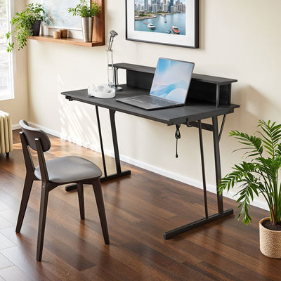 Computer Desk with LED Lights Power Outlets and Monitor Shelf for Home Office by Vasagle