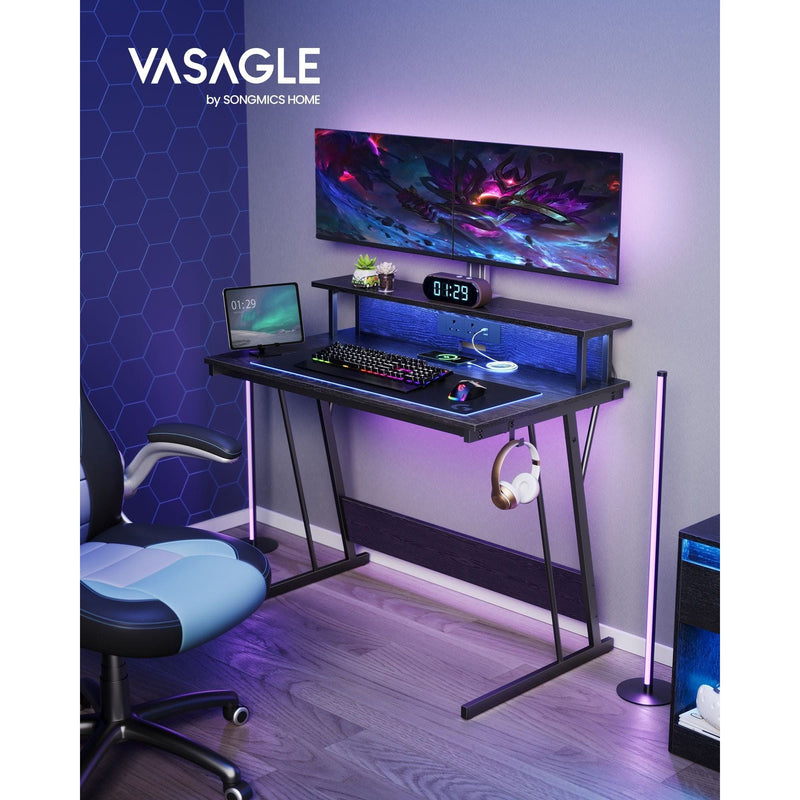 Gaming Desk with LED Lights and Built-In Power Outlets Songmics