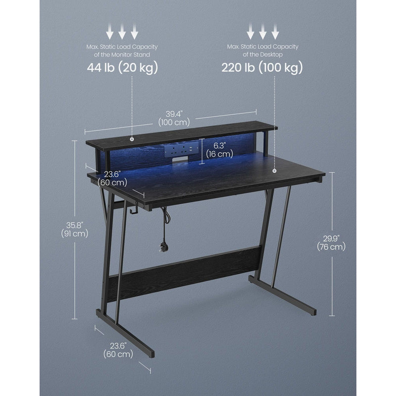 Gaming Desk with LED Lights and Built-In Power Outlets Songmics