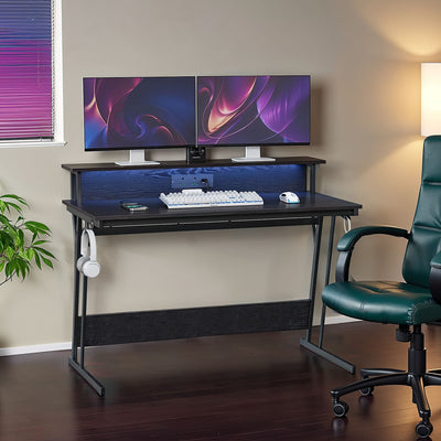 Computer Desk with LED Lights Power Outlets and Monitor Shelf for Home Office by Vasagle
