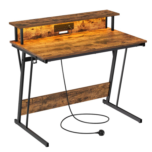 Gaming Desk with LED Lights Monitor Shelf and Power Outlets for PC Setup by Vasagle