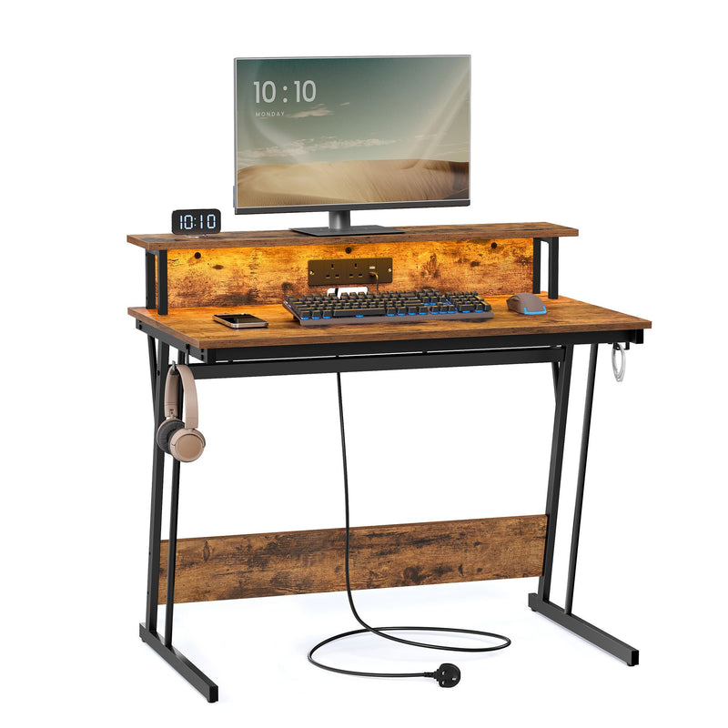 Gaming Desk with LED Lights Monitor Shelf and Power Outlets for PC Setup by Vasagle