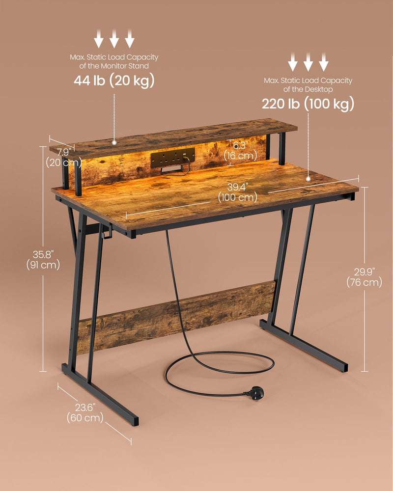 Gaming Desk with LED Lights Monitor Shelf and Power Outlets for PC Setup by Vasagle