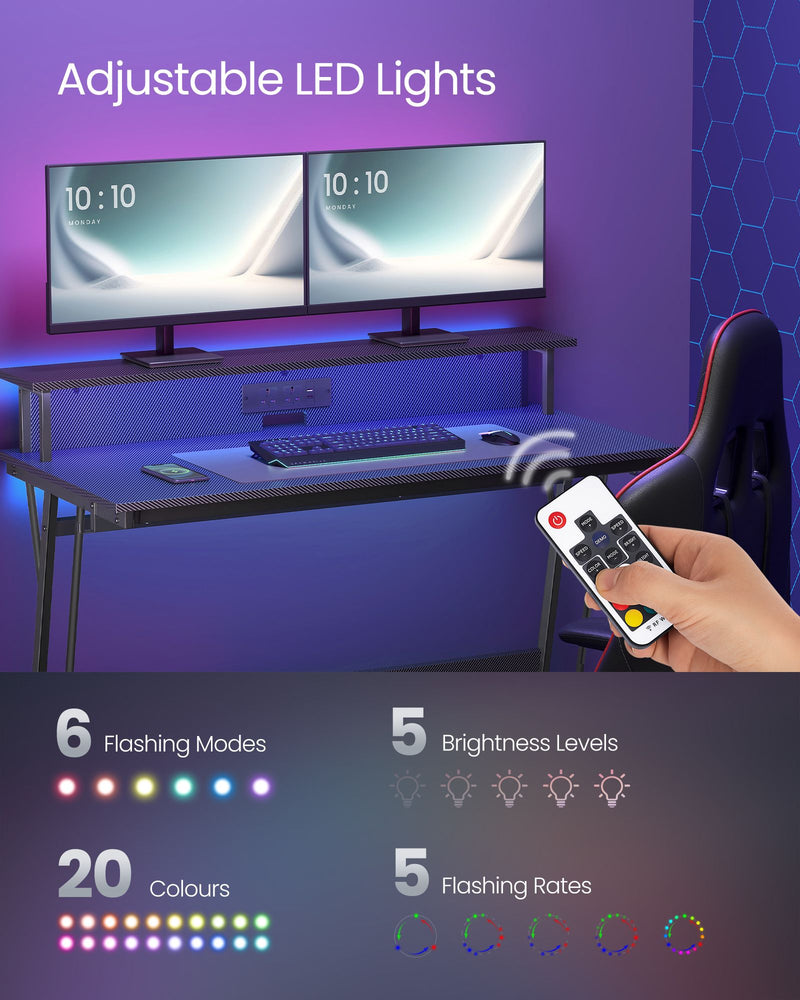 Black 120x60cm Gaming Desk with LED Lights and Power Outlets for PC Setup by Vasagle