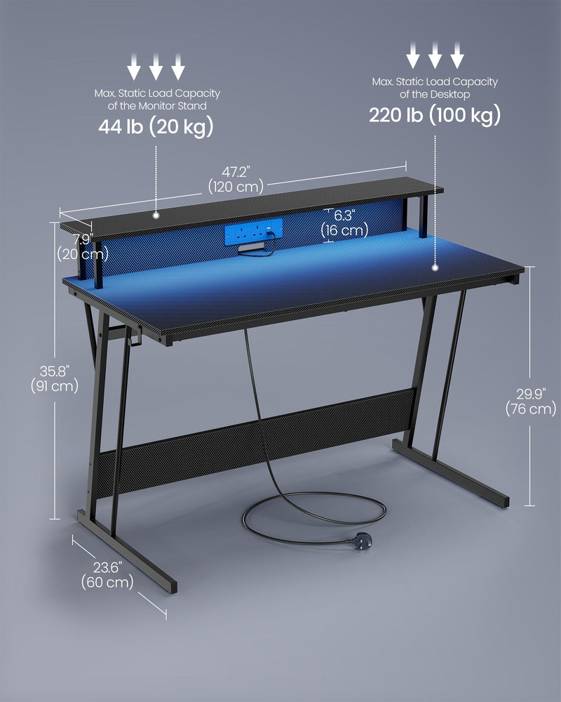 Black 120x60cm Gaming Desk with LED Lights and Power Outlets for PC Setup by Vasagle
