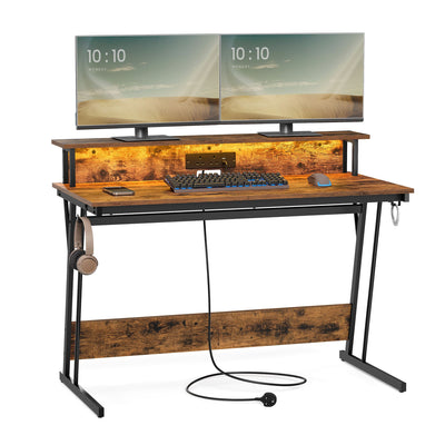120x60cm Gaming Desk with LED Lights Built In Power Outlets and Cup Holder for Gamers by Vasagle