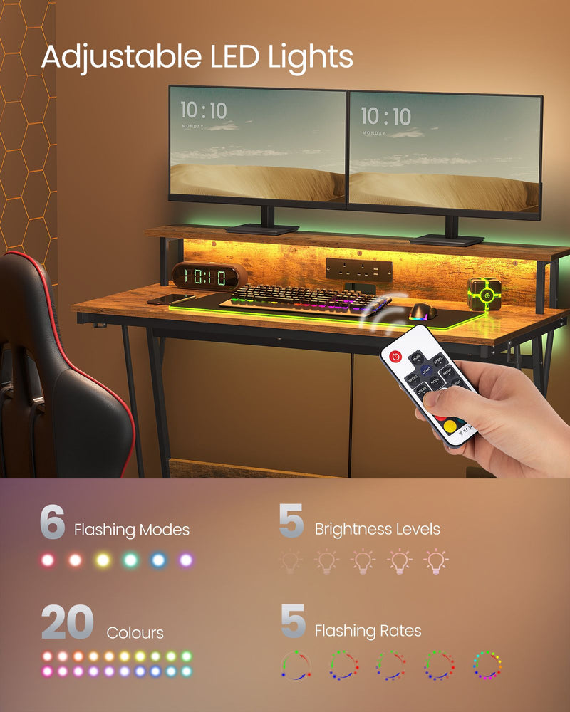 120x60cm Gaming Desk with LED Lights Built In Power Outlets and Cup Holder for Gamers by Vasagle