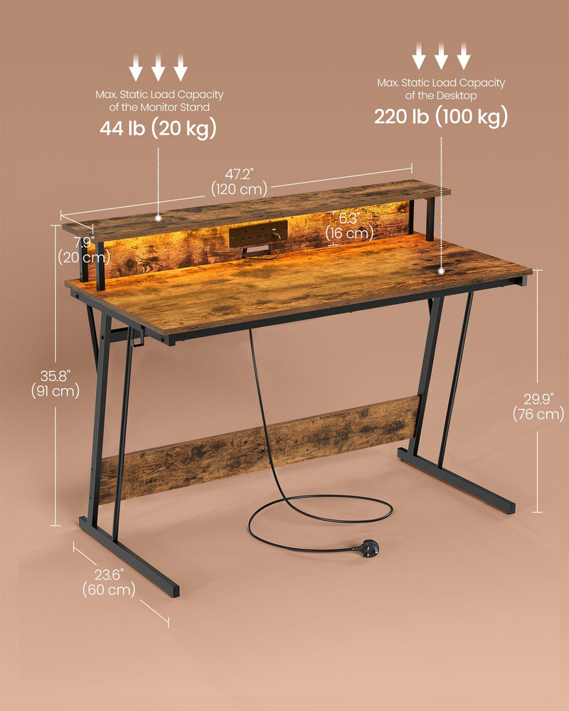 120x60cm Gaming Desk with LED Lights Built In Power Outlets and Cup Holder for Gamers by Vasagle