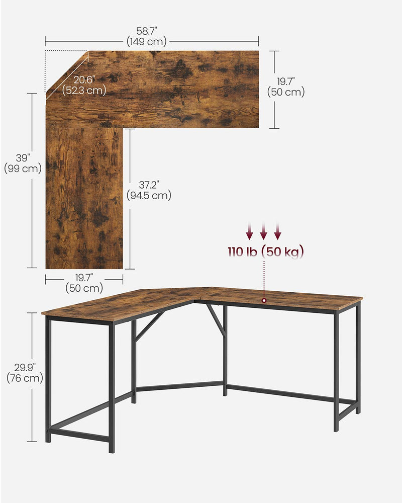 L Shaped Corner Desk with Shelves for Home Office or Study in Rustic Brown by Vasagle