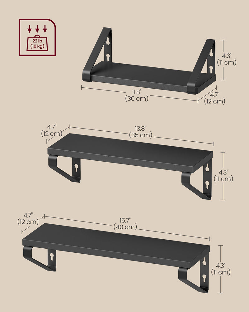 Set of 3 Black Wall Shelves with Two Mounting Options for Stylish Storage by Vasagle