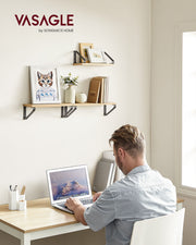 Set of 3 Wall Shelves in Golden Oak and Matte Black with Two Mounting Options by Vasagle