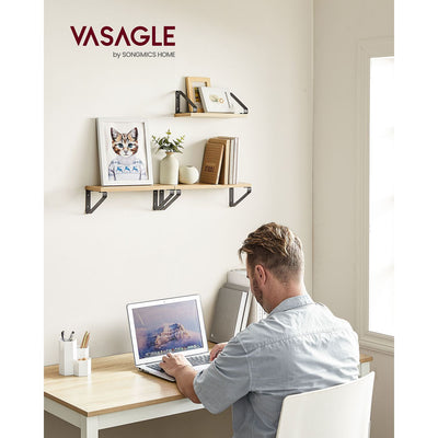 Set of 3 Wall Shelves in Golden Oak and Matte Black with Two Mounting Options by Vasagle
