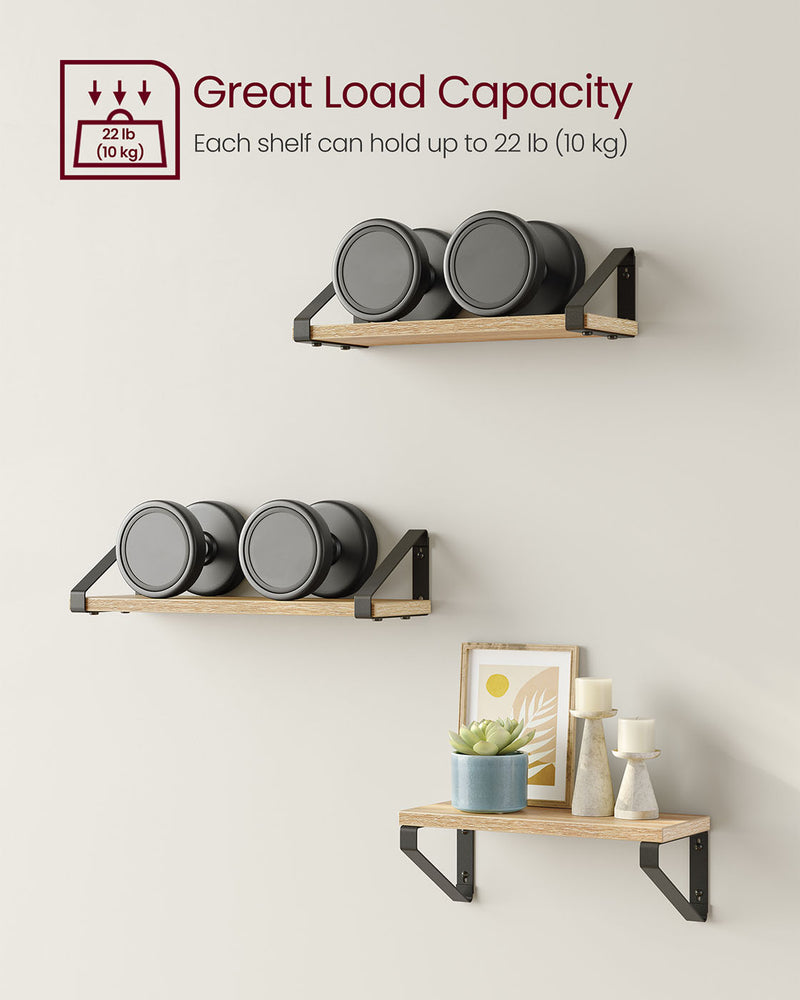 Set of 3 Wall Shelves in Golden Oak and Matte Black with Two Mounting Options by Vasagle