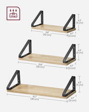 Set of 3 Wall Shelves in Golden Oak and Matte Black with Two Mounting Options by Vasagle