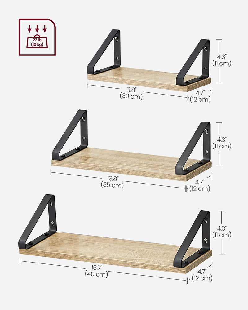 Set of 3 Wall Shelves in Golden Oak and Matte Black with Two Mounting Options by Vasagle
