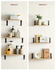 Set of 3 Wall Shelves in Golden Oak and Matte Black with Two Mounting Options by Vasagle