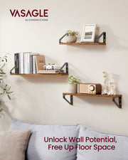 Set of 3 Rustic Brown and Black Wall Shelves with Two Mounting Options by Vasagle