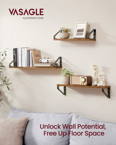 Set of 3 Rustic Brown and Black Wall Shelves with Two Mounting Options by Vasagle
