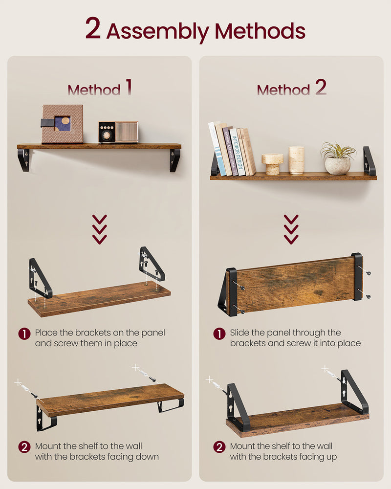 Set of 3 Rustic Brown and Black Wall Shelves with Two Mounting Options by Vasagle