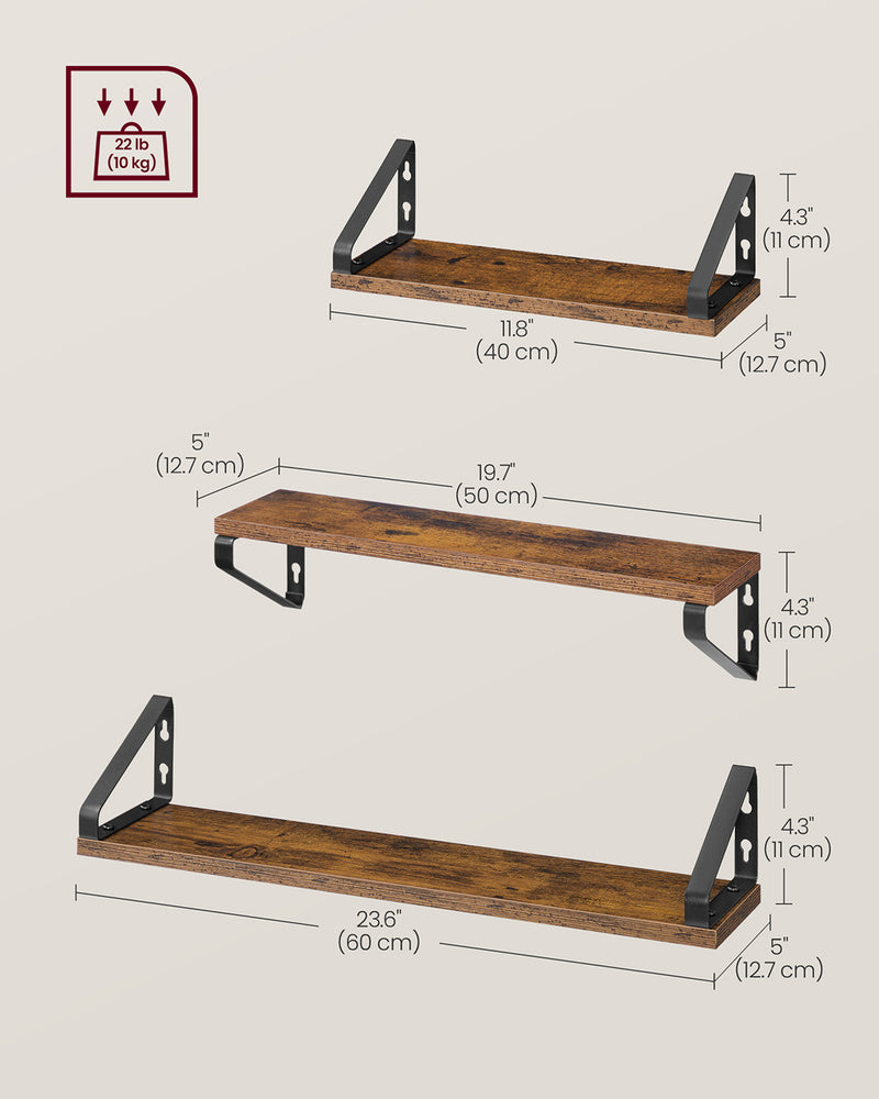 Set of 3 Rustic Brown and Black Wall Shelves with Two Mounting Options by Vasagle