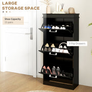 Three Drawer Slim Shoe Storage Cabinet With Flip Doors For Hallway Organisation Black