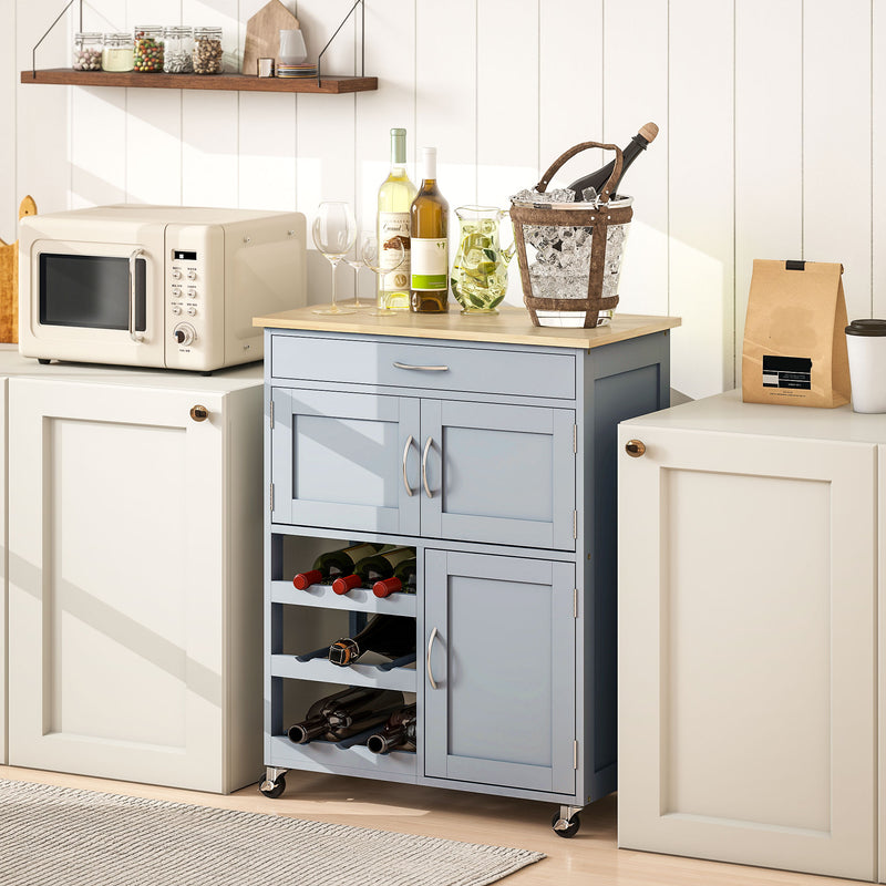Kitchen Trolley with Storage Cabinets and Wine Rack for Extra Prep Space Grey