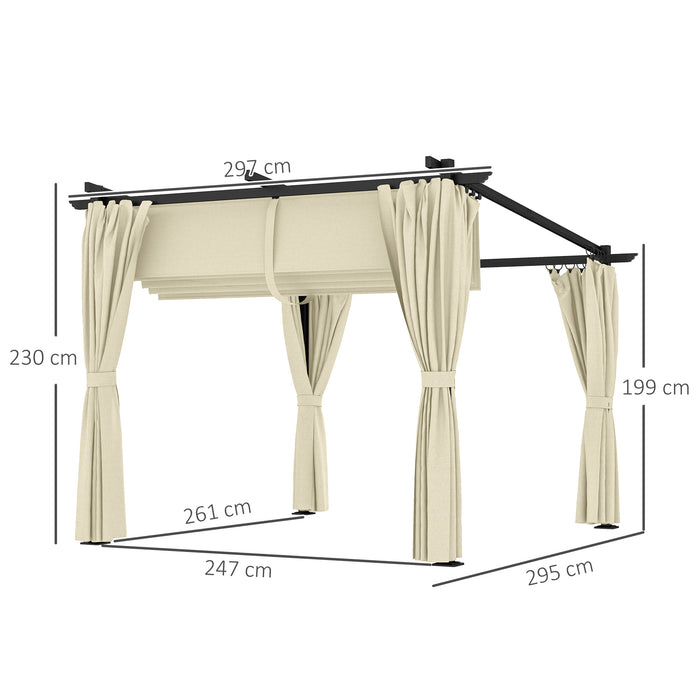 Beige 3 x 3 m Retractable Roof Pergola with Curtains for Garden and Patio by Outsunny