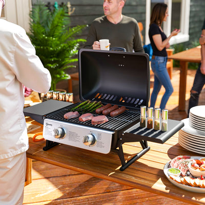 2 Burner Portable Gas BBQ Grill with Folding Side Tables and Thermometer by Outsunny