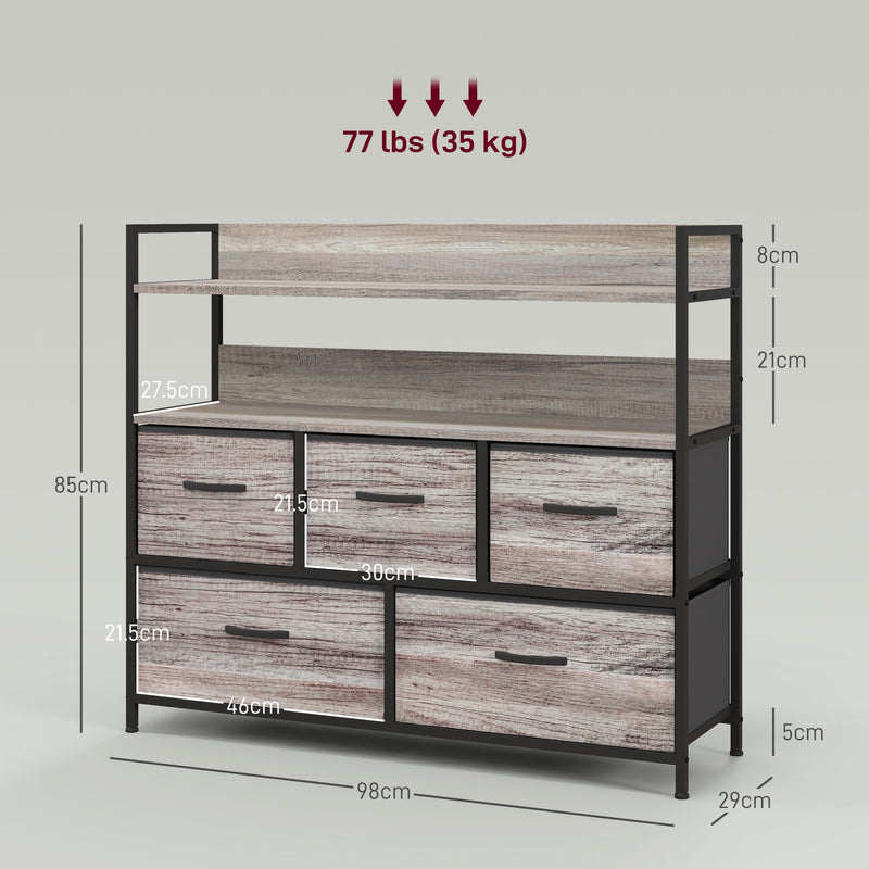 Tall Fabric Chest of 5 Drawers with Wood Effect Frame for Bedroom Storage Grey