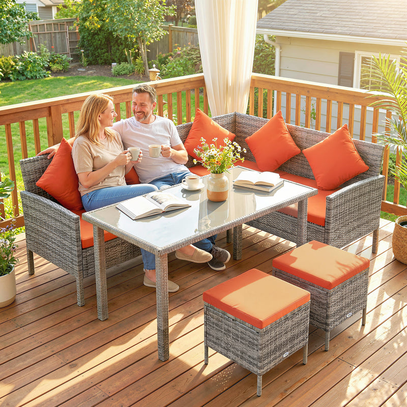 4 Seater Rattan Garden Sofa Dining Set with Cushions and Table for Family Gatherings, Mixed Grey/Orange Outsunny