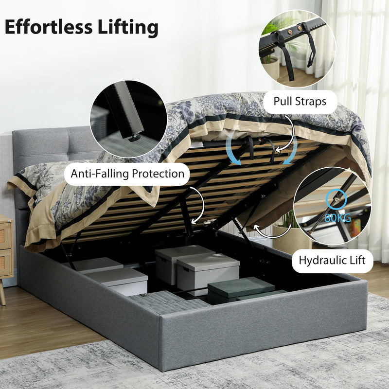 Grey Double Ottoman Bed Frame with Gas Lift for Extra Storage Space 4ft6 Size