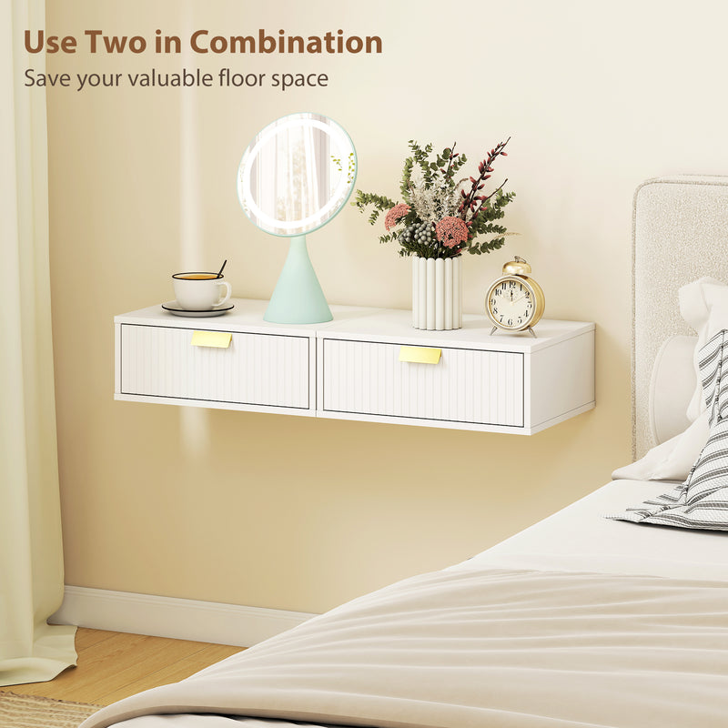 Floating Bedside Table Set with Drawer for Clutter-Free Storage Wall Mounted White AOSOM