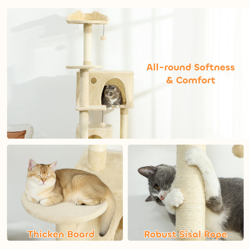 Large 180cm Cat Tree Tower with Hammock Condos and Scratching Posts for Indoor Use Beige AOSOM