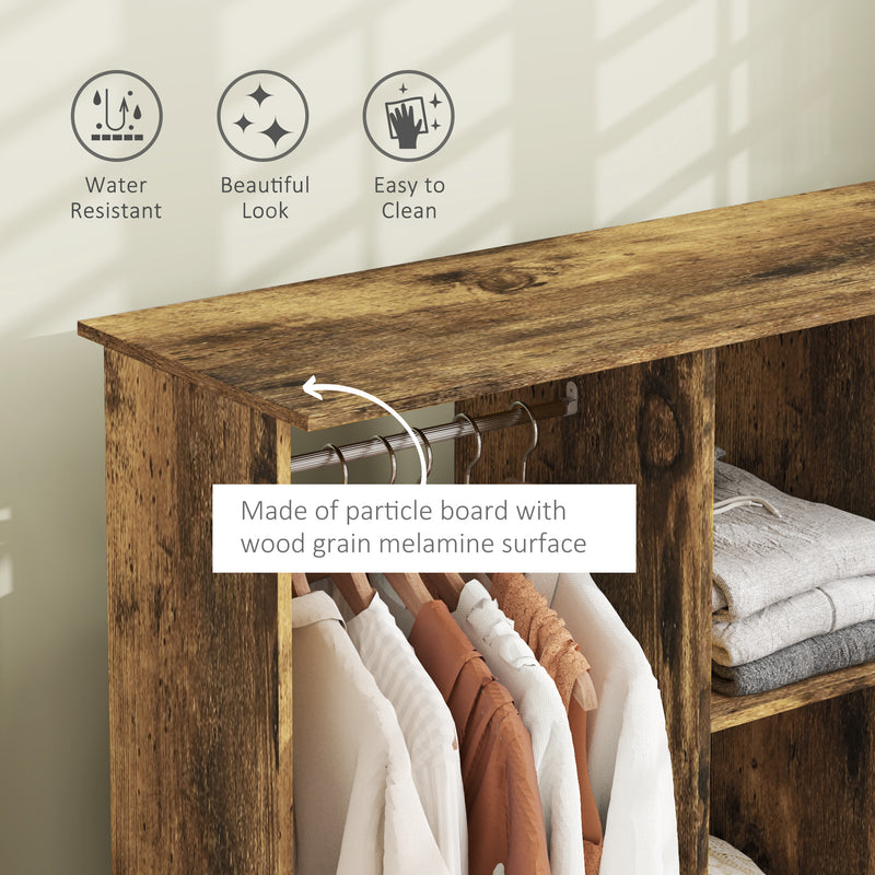 Rustic Brown Open Double Wardrobe with Mobile Storage Shelves and 6 Wheels by HOMCOM