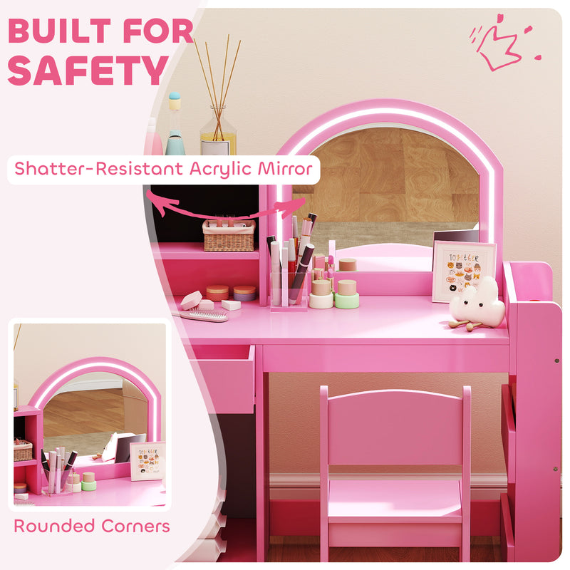 Kids Dressing Table and Chair Set with LED Mirror and Storage for Bedroom Playtime, Pink AOSOM