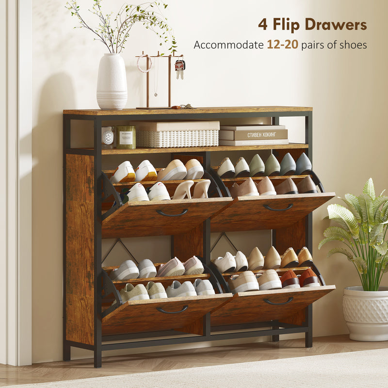 Shoe Storage Cabinet with 4 Flip Drawers and Open Shelf Ideal for Hallways, Rustic Brown