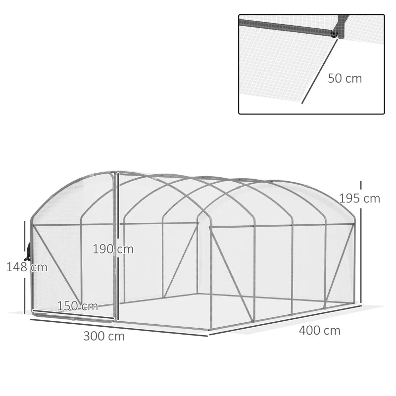 Image of a large walk in polytunnel greenhouse with a large door to the front